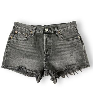 Levi 501 cut off distressed black jean shorts size W29